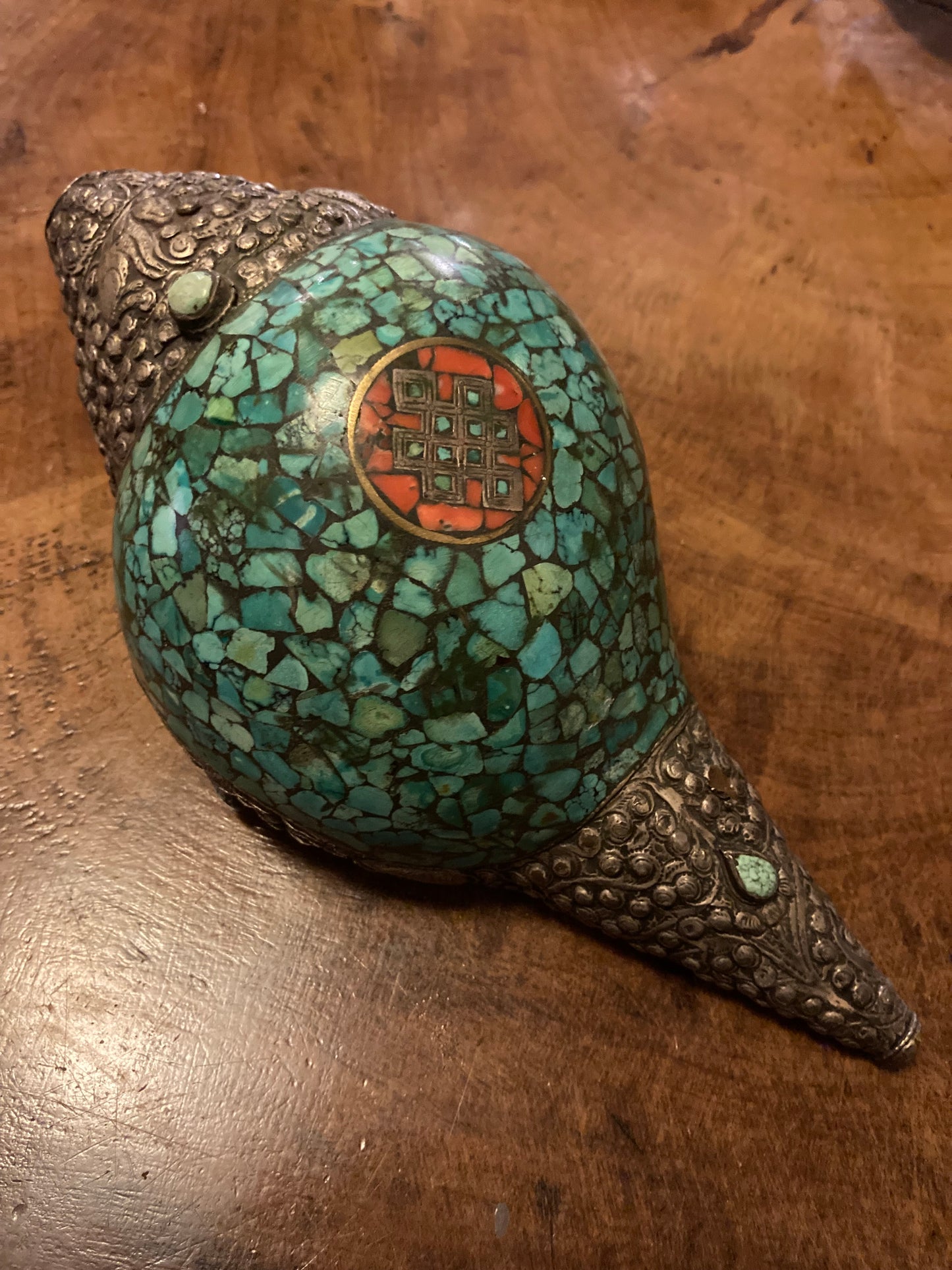 Grote Shankha diep turkooisblauw | Spiraalvormige schelp