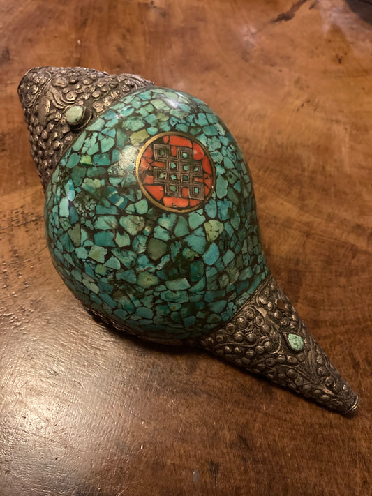 Grote Shankha diep turkooisblauw | Spiraalvormige schelp